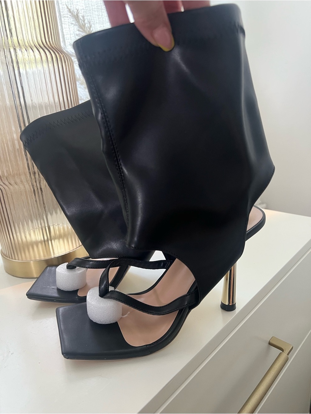 Black High-Heel Sock Sandal Boots